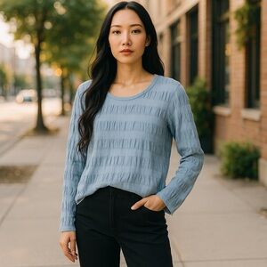 Flax euc linen cotton textured grey long sleeve plaid blouse top